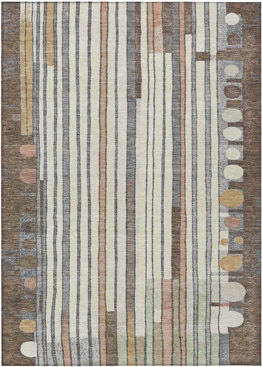 Brown Ivory And Peach Geometric Washable Indoor Outdoor Area Rug Photo 1