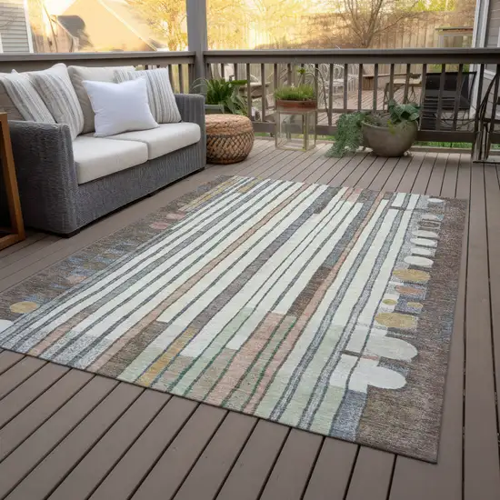 Brown Ivory And Peach Geometric Washable Indoor Outdoor Area Rug Photo 9