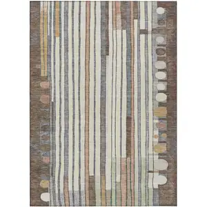 Photo of Brown Ivory And Peach Geometric Washable Indoor Outdoor Area Rug