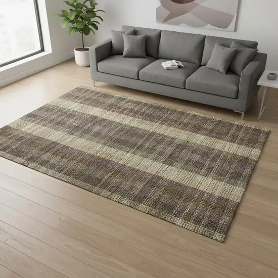 Brown Ivory And Plum Plaid Washable Area Rug With UV Protection Photo 2