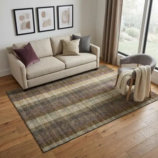 Brown Ivory And Plum Plaid Washable Area Rug With UV Protection Photo 1