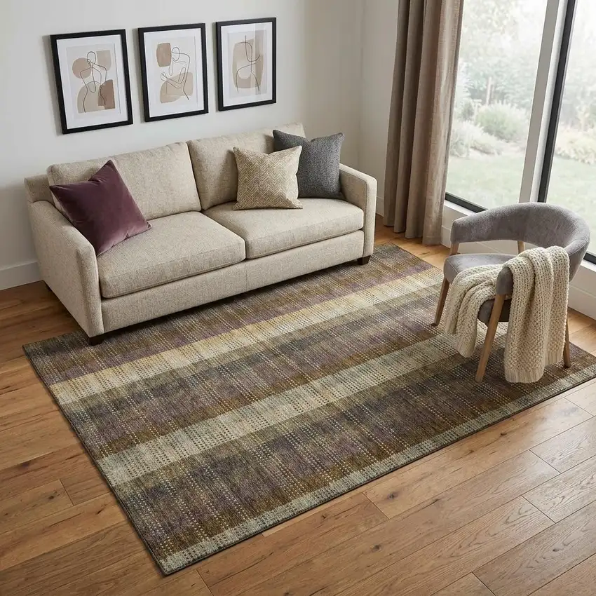 Brown Ivory And Plum Plaid Washable Area Rug With UV Protection Photo 1