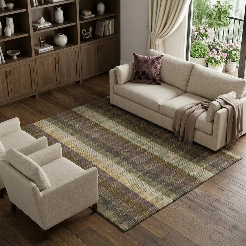 Brown Ivory And Plum Plaid Washable Area Rug With UV Protection Photo 1