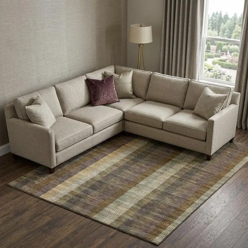 Brown Ivory And Plum Plaid Washable Area Rug With UV Protection Photo 1