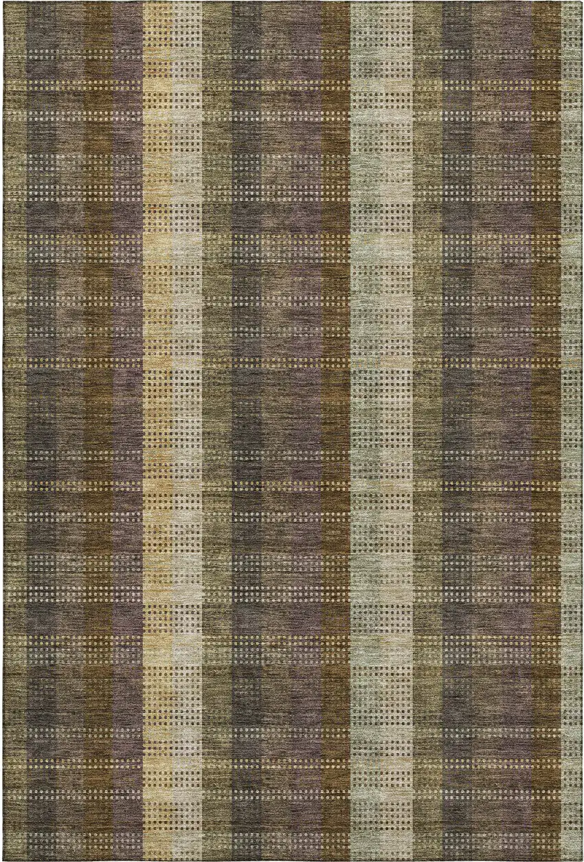 Brown Ivory And Plum Plaid Washable Area Rug With UV Protection Photo 1