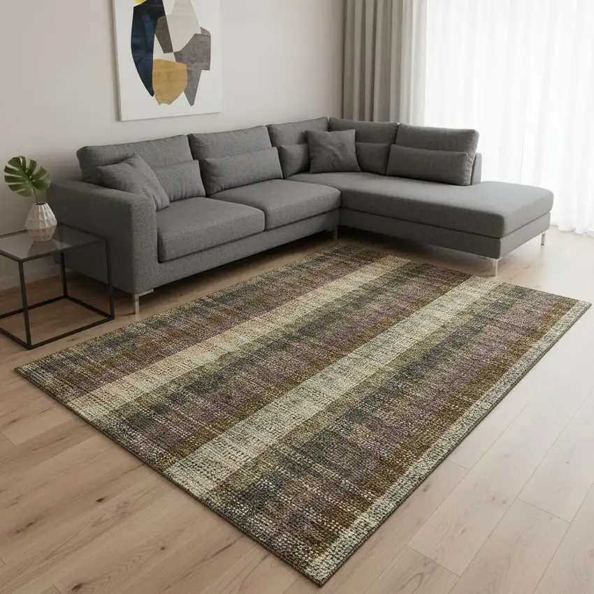 Brown Ivory And Plum Plaid Washable Area Rug With UV Protection Photo 2