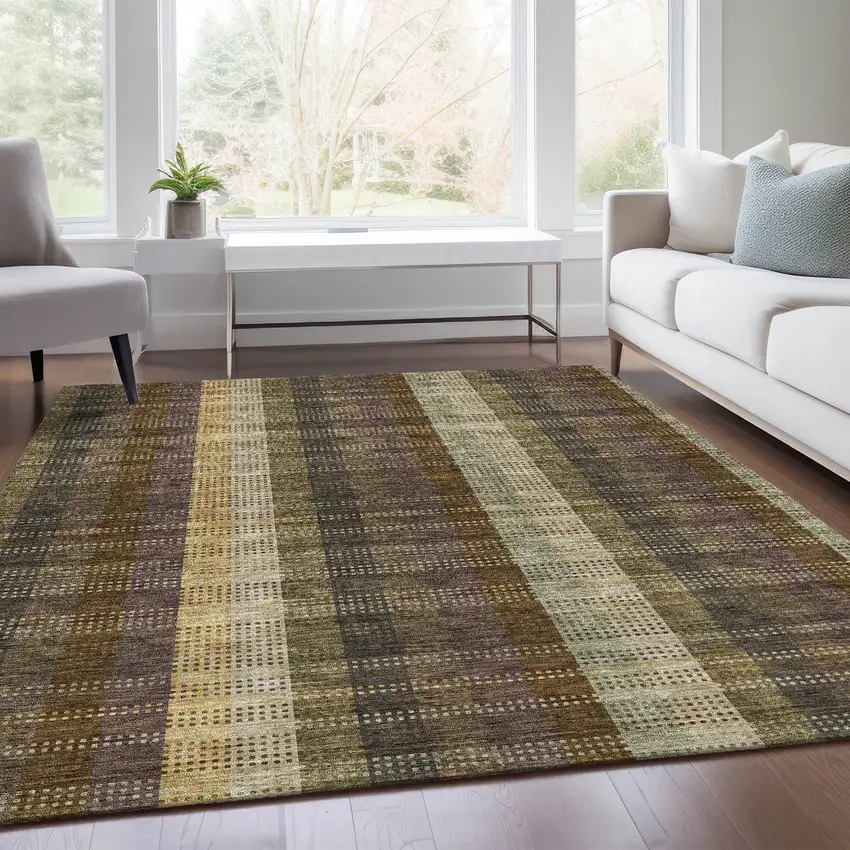 Brown Ivory And Plum Plaid Washable Area Rug With UV Protection Photo 4