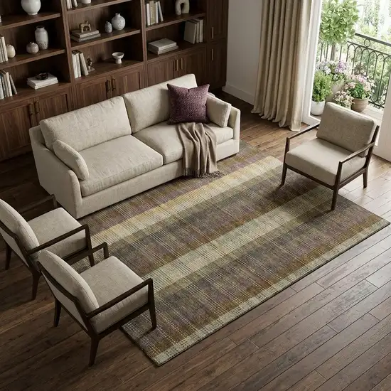 Brown Ivory And Plum Plaid Washable Area Rug With UV Protection Photo 1