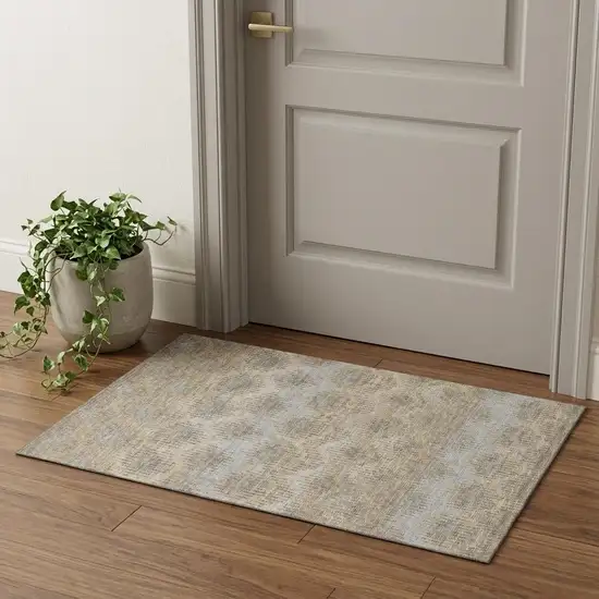 Brown Ivory And Sky Blue Abstract Distressed Washable Area Rug With UV Protection Photo 1