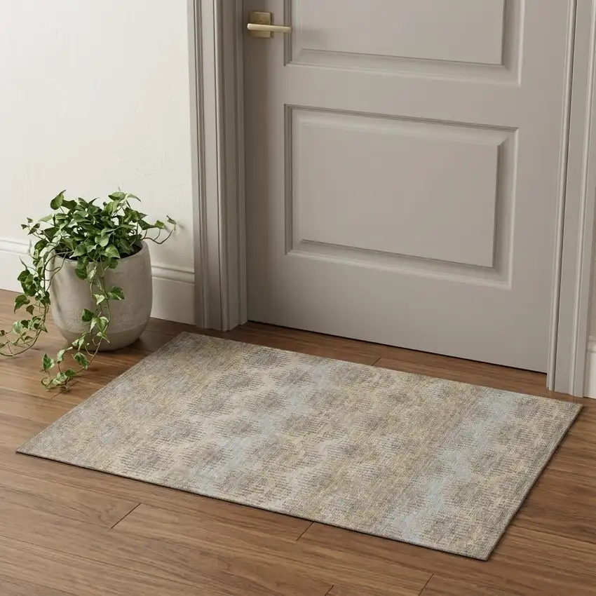 Brown Ivory And Sky Blue Abstract Distressed Washable Area Rug With UV Protection Photo 1