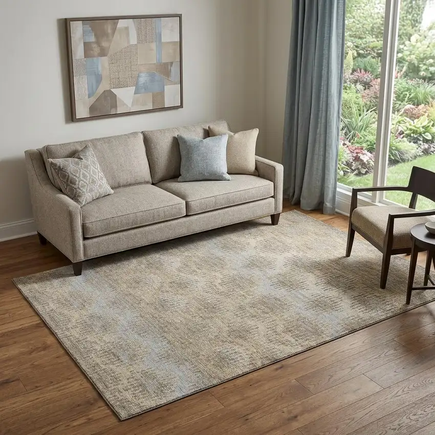 Brown Ivory And Sky Blue Abstract Distressed Washable Area Rug With UV Protection Photo 1