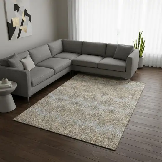 Brown Ivory And Sky Blue Abstract Washable Area Rug With UV Protection Photo 1