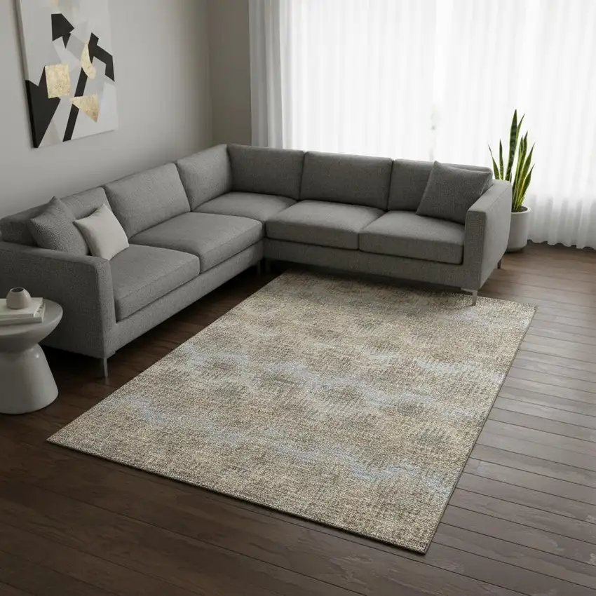 Brown Ivory And Sky Blue Abstract Washable Area Rug With UV Protection Photo 1