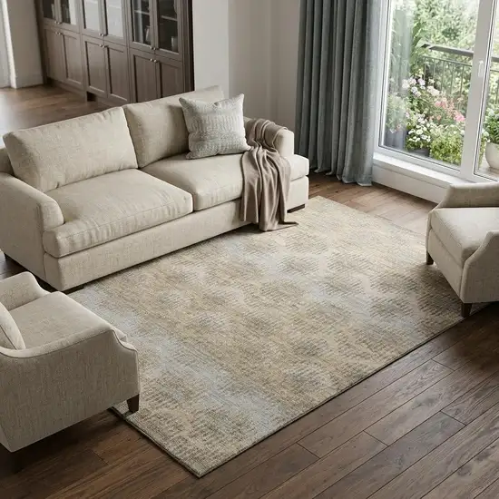 Brown Ivory And Sky Blue Abstract Distressed Washable Area Rug With UV Protection Photo 1