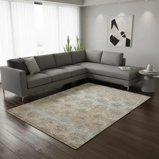 Brown Ivory And Sky Blue Abstract Washable Area Rug With UV Protection Photo 1