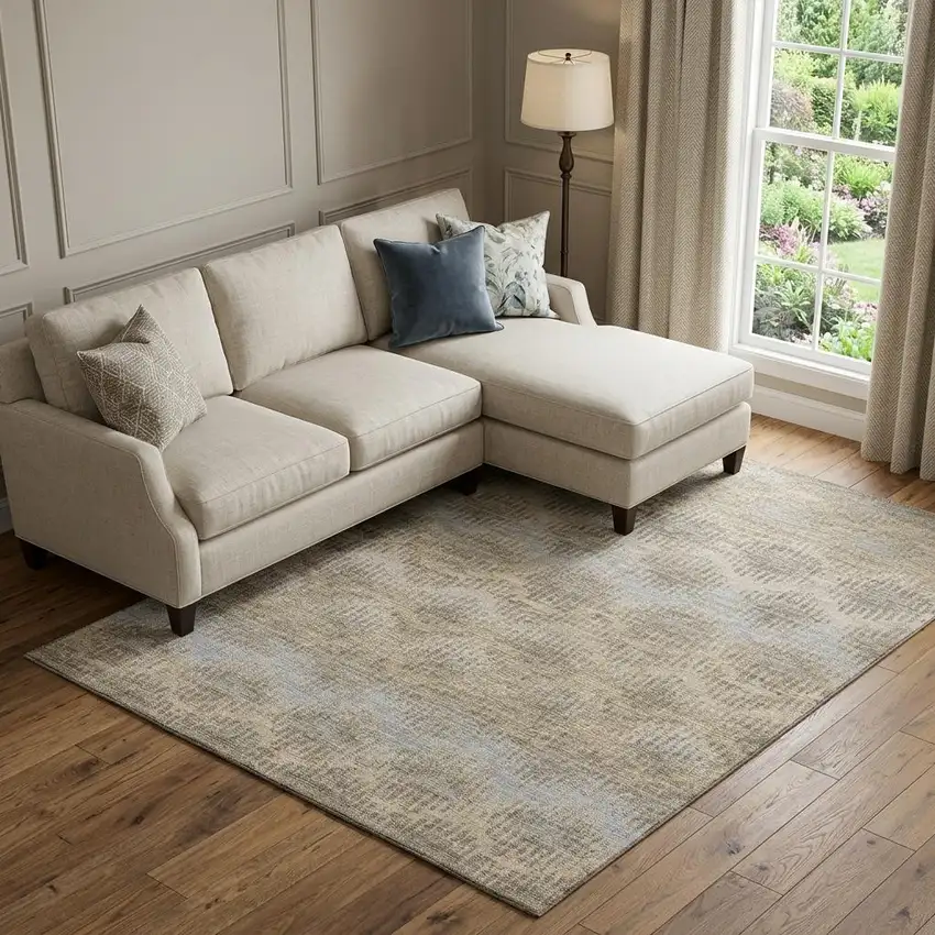 Brown Ivory And Sky Blue Abstract Distressed Washable Area Rug With UV Protection Photo 1