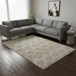 Photo of Brown Ivory And Sky Blue Abstract Washable Area Rug With UV Protection