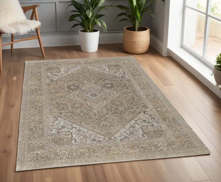 Brown and Ivory Floral Power Loom Distressed Non Skid Area Rug Photo 1