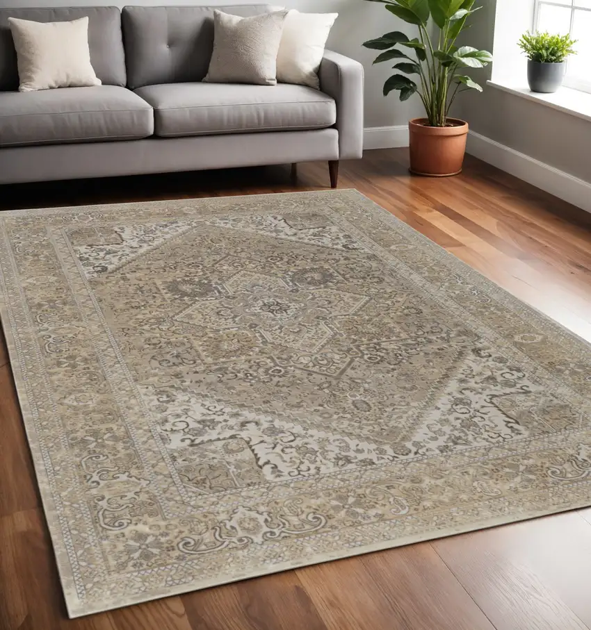 Brown and Ivory Floral Power Loom Distressed Non Skid Area Rug Photo 1