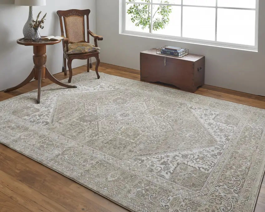 Brown Ivory And Tan Floral Power Loom Distressed Area Rug Photo 7