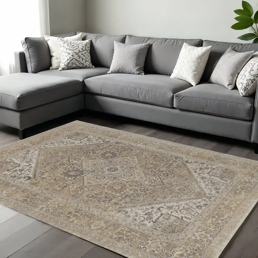 Brown And Ivory Medallion Distressed Area Rug Photo 1