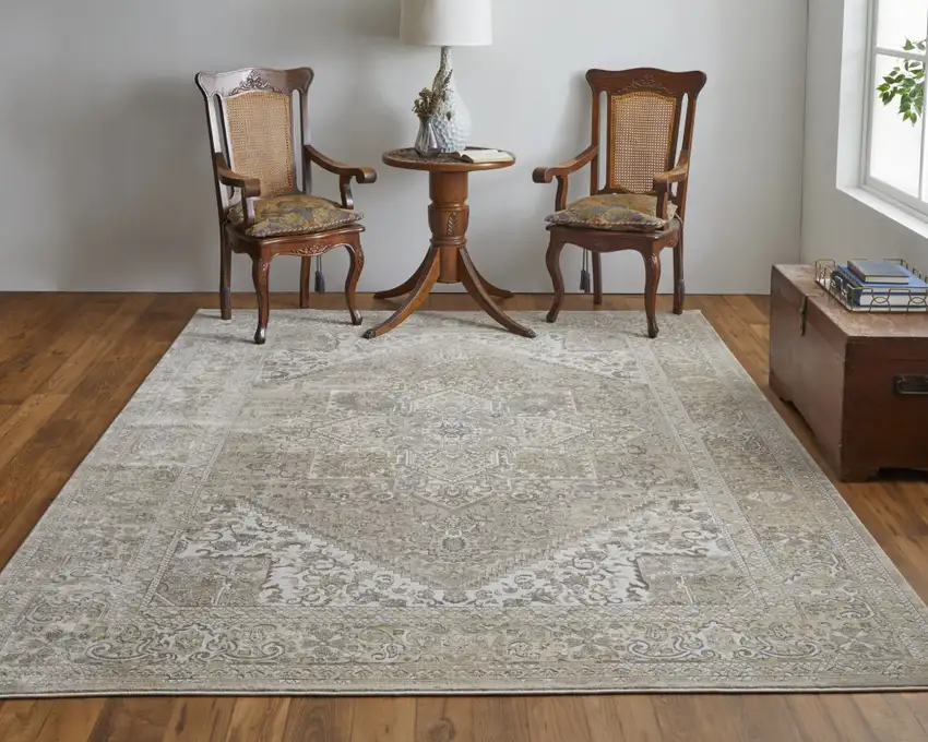 Brown Ivory And Tan Floral Power Loom Distressed Area Rug Photo 6