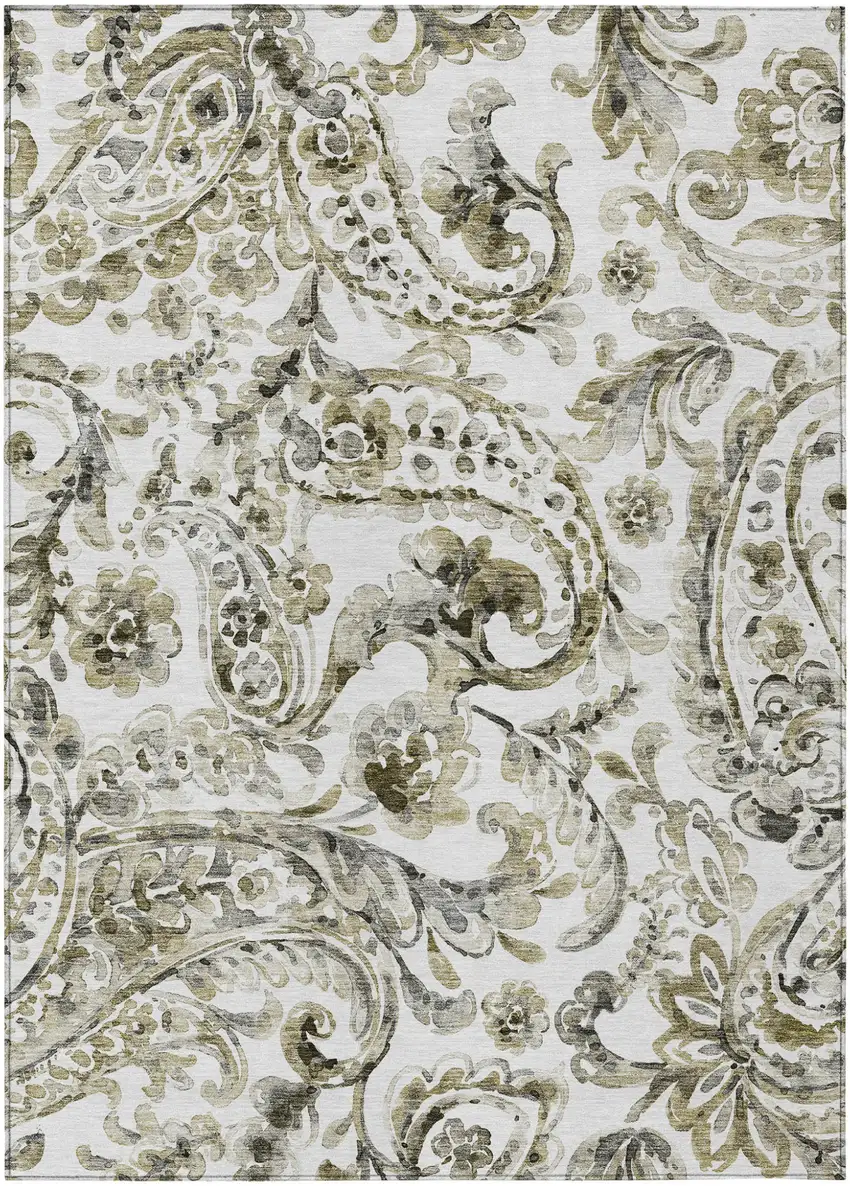 Brown Ivory And Tan Paisley Washable Indoor Outdoor Area Rug Photo 2