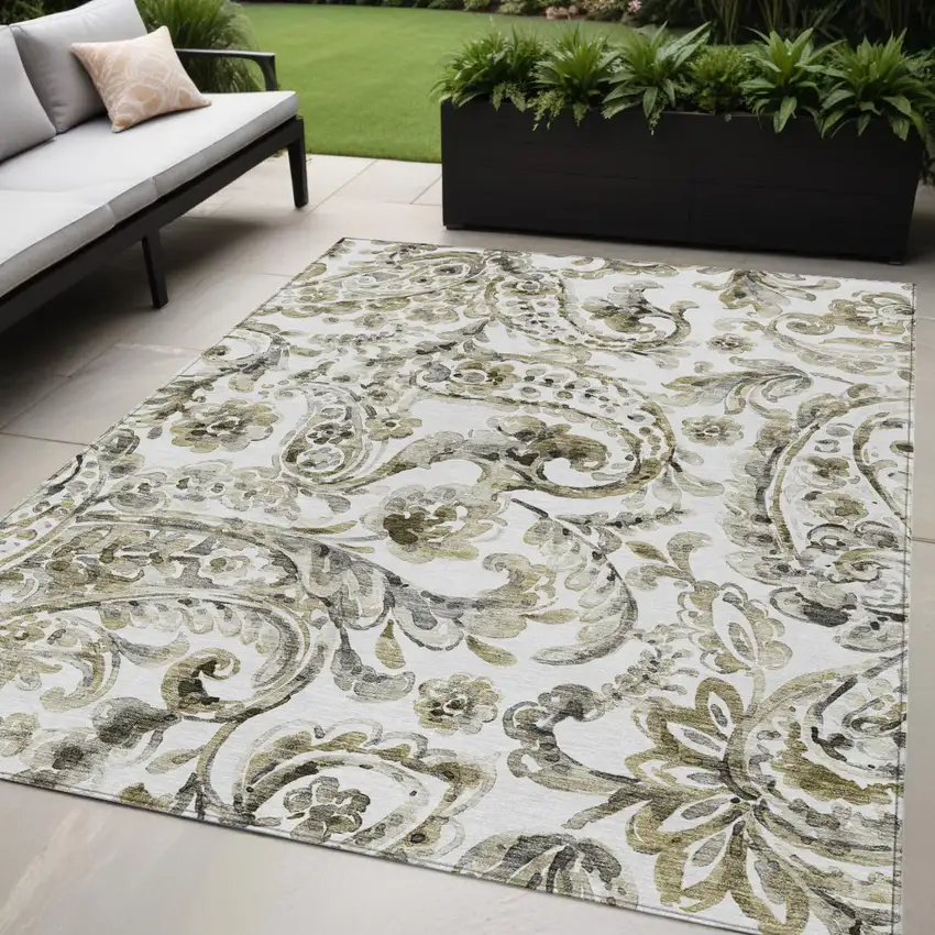 Brown Ivory And Tan Paisley Washable Indoor Outdoor Area Rug Photo 1
