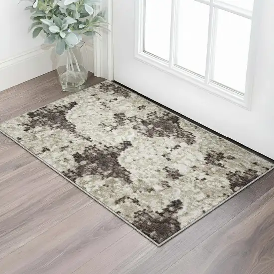 Brown Ivory And Taupe Abstract Washable Area Rug With UV Protection Photo 2