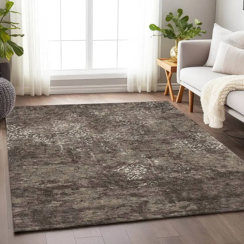 Brown Ivory And Taupe Abstract Washable Area Rug With UV Protection Photo 5