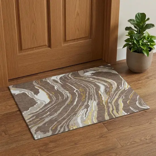 Brown Ivory And Taupe Abstract Washable Area Rug With UV Protection Photo 1