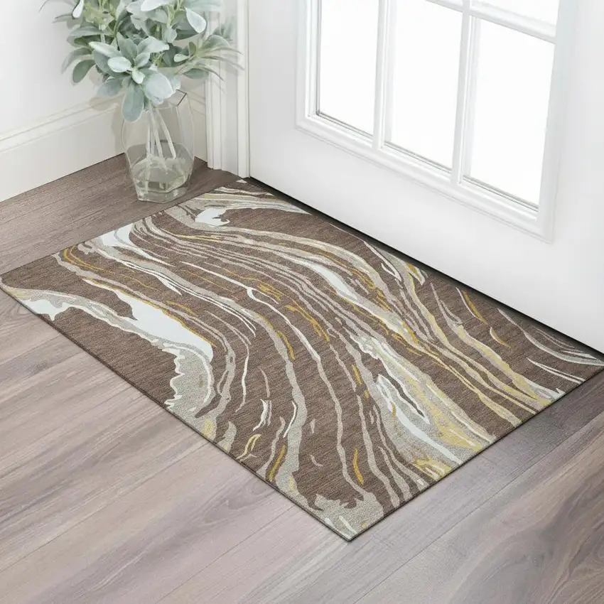 Brown Ivory And Taupe Abstract Washable Area Rug With UV Protection Photo 2