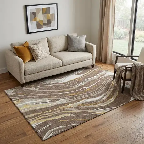 Brown Ivory And Taupe Abstract Washable Area Rug With UV Protection Photo 1