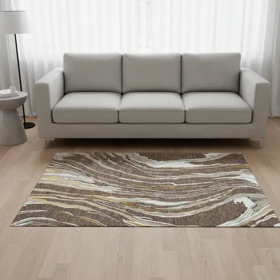 Brown Ivory And Taupe Abstract Washable Area Rug With UV Protection Photo 2