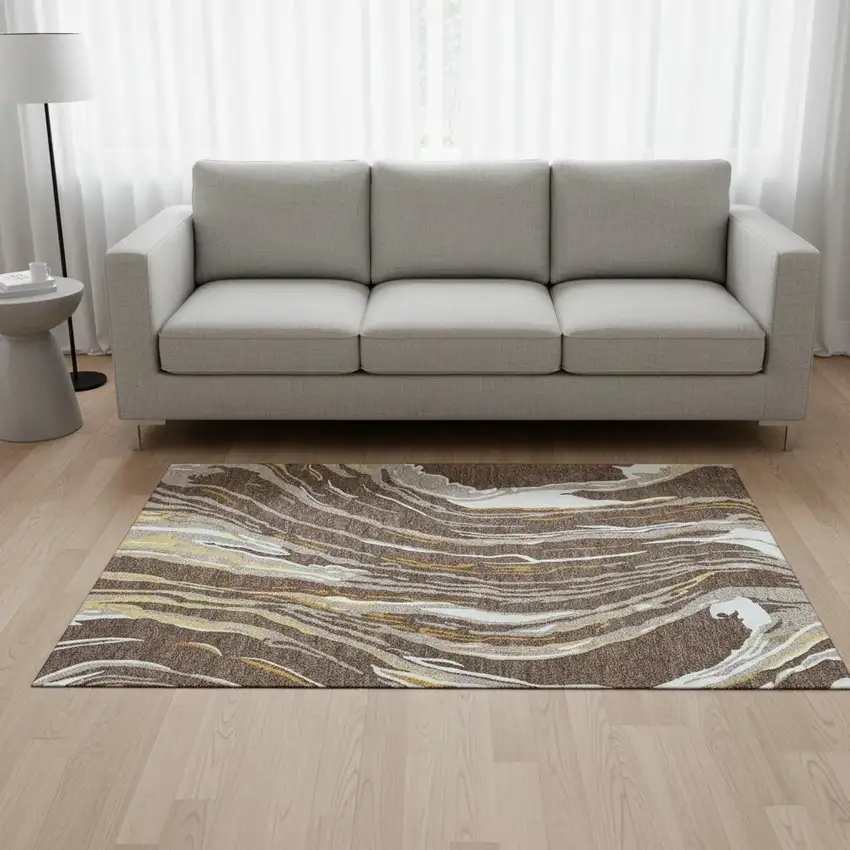 Brown Ivory And Taupe Abstract Washable Area Rug With UV Protection Photo 2