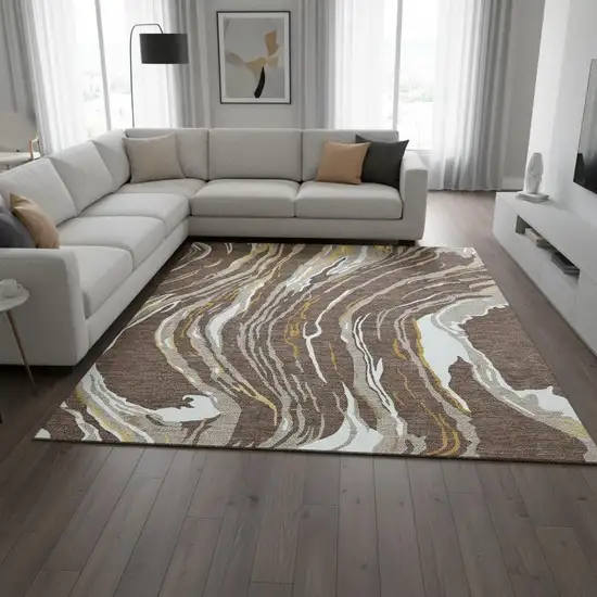 Brown Ivory And Taupe Abstract Washable Area Rug With UV Protection Photo 2