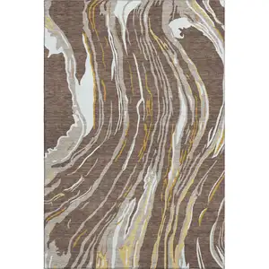 Photo of Brown Ivory And Taupe Abstract Washable Area Rug With UV Protection