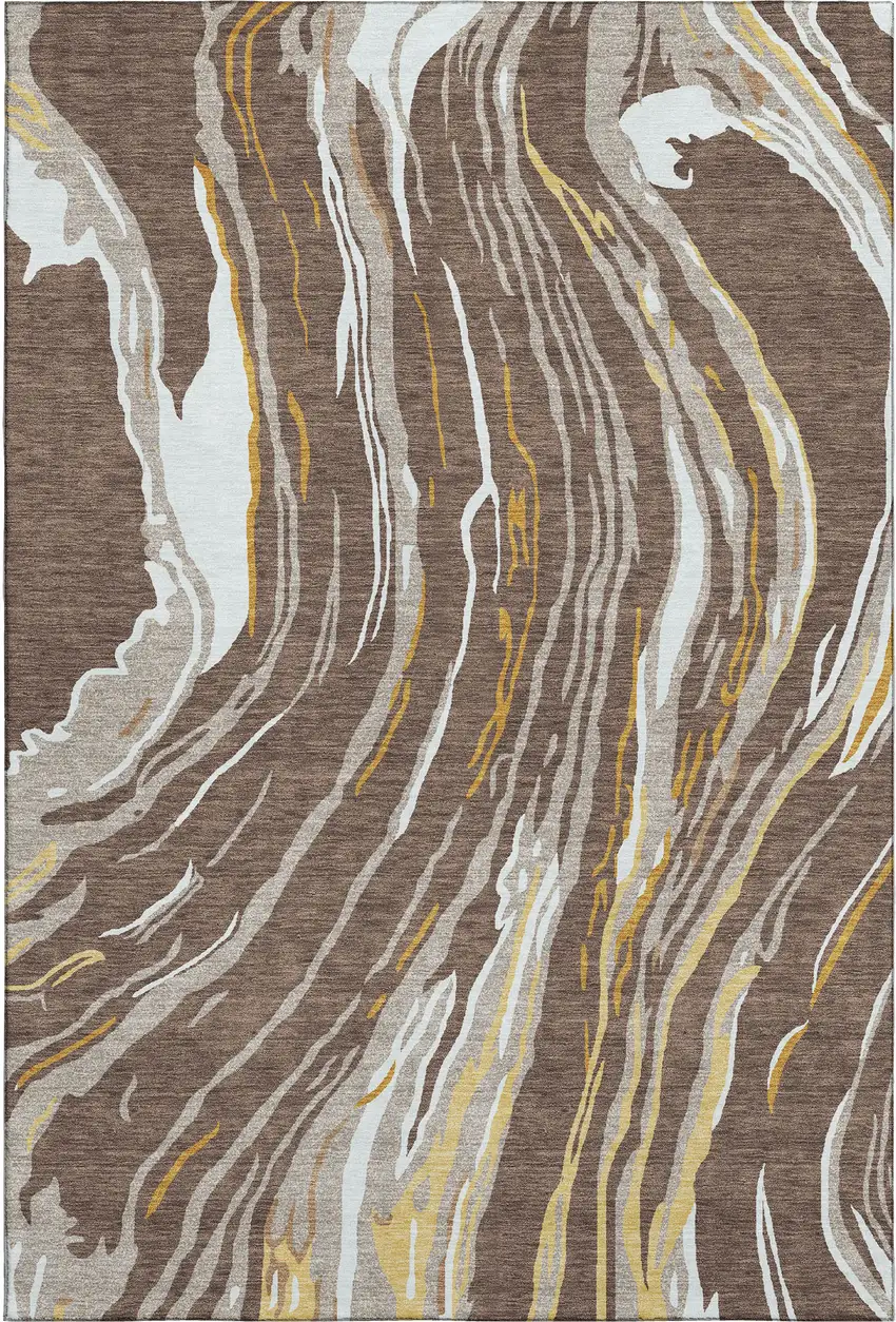 Brown Ivory And Taupe Abstract Washable Area Rug With UV Protection Photo 1