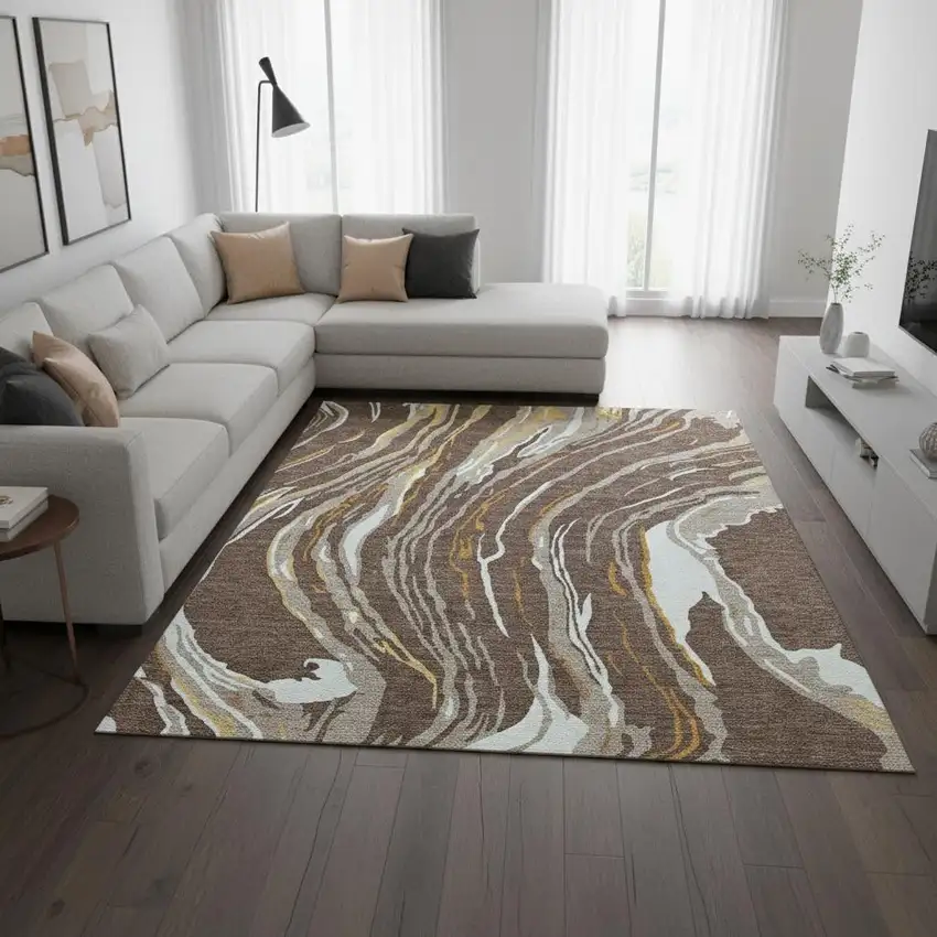 Brown Ivory And Taupe Abstract Washable Area Rug With UV Protection Photo 2