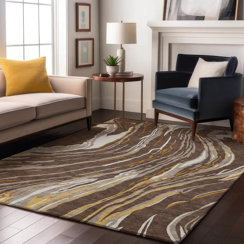 Brown Ivory And Taupe Abstract Washable Area Rug With UV Protection Photo 4