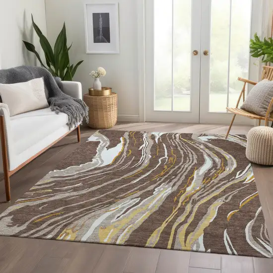 Brown Ivory And Taupe Abstract Washable Area Rug With UV Protection Photo 4