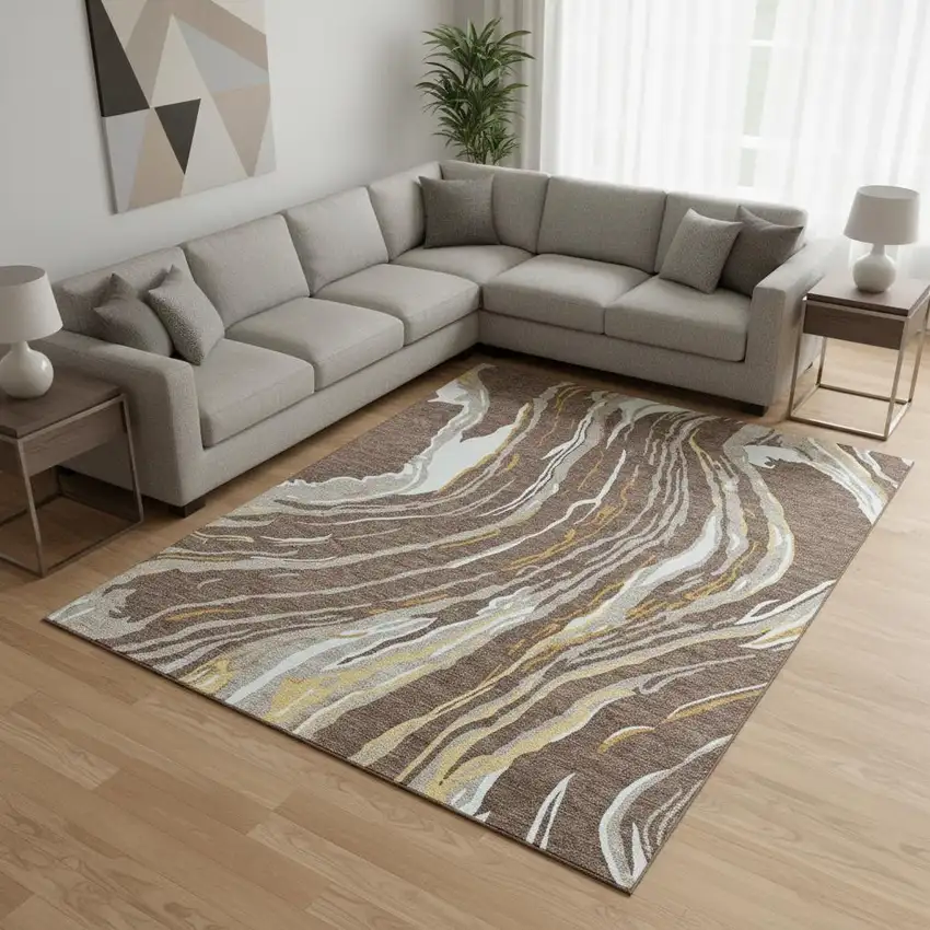 Brown Ivory And Taupe Abstract Washable Area Rug With UV Protection Photo 2
