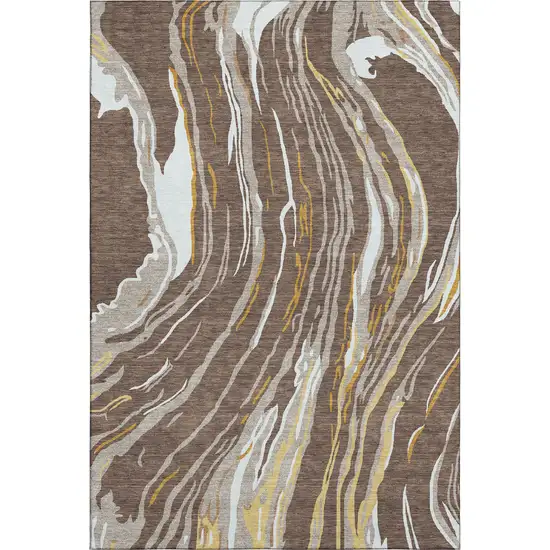 Brown Ivory And Taupe Abstract Washable Area Rug With UV Protection Photo 1