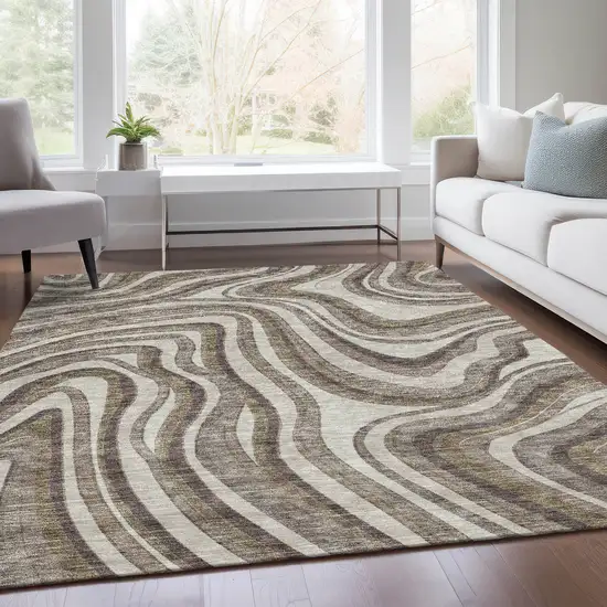 Brown Ivory And Taupe Abstract Washable Indoor Outdoor Area Rug Photo 7