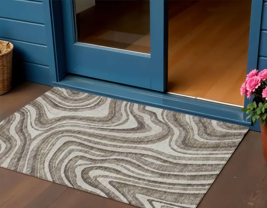 Brown Ivory And Taupe Abstract Washable Indoor Outdoor Area Rug Photo 1