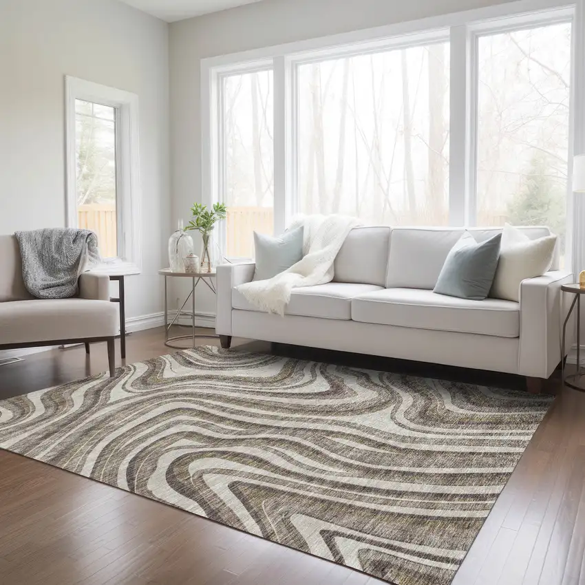 Brown Ivory And Taupe Abstract Washable Indoor Outdoor Area Rug Photo 8