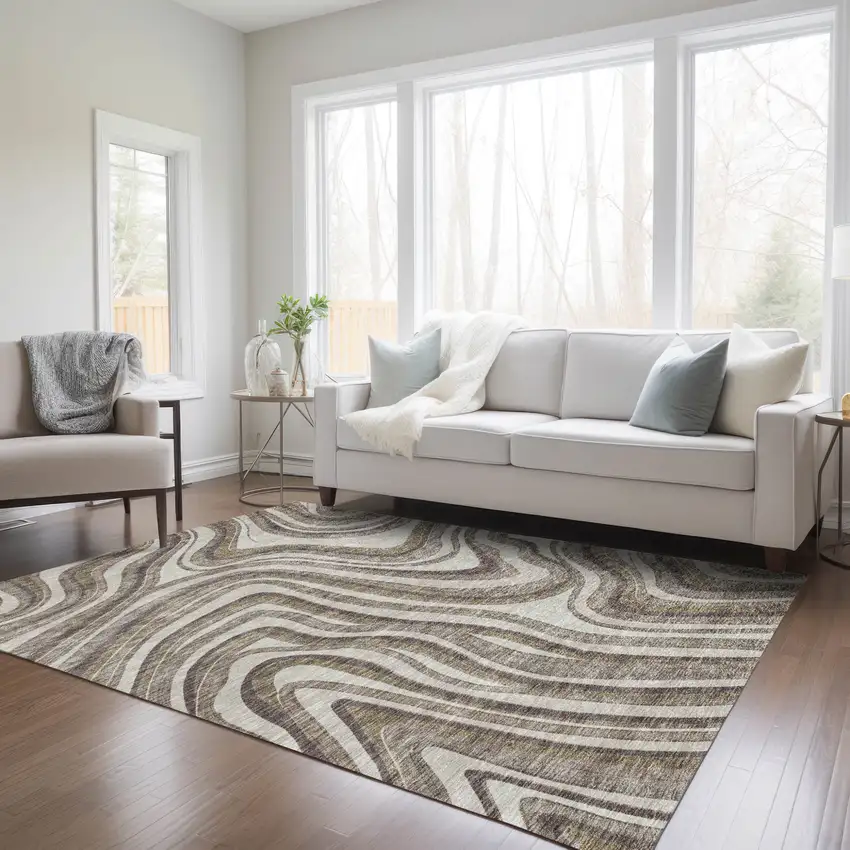 Brown Ivory And Taupe Abstract Washable Indoor Outdoor Area Rug Photo 8