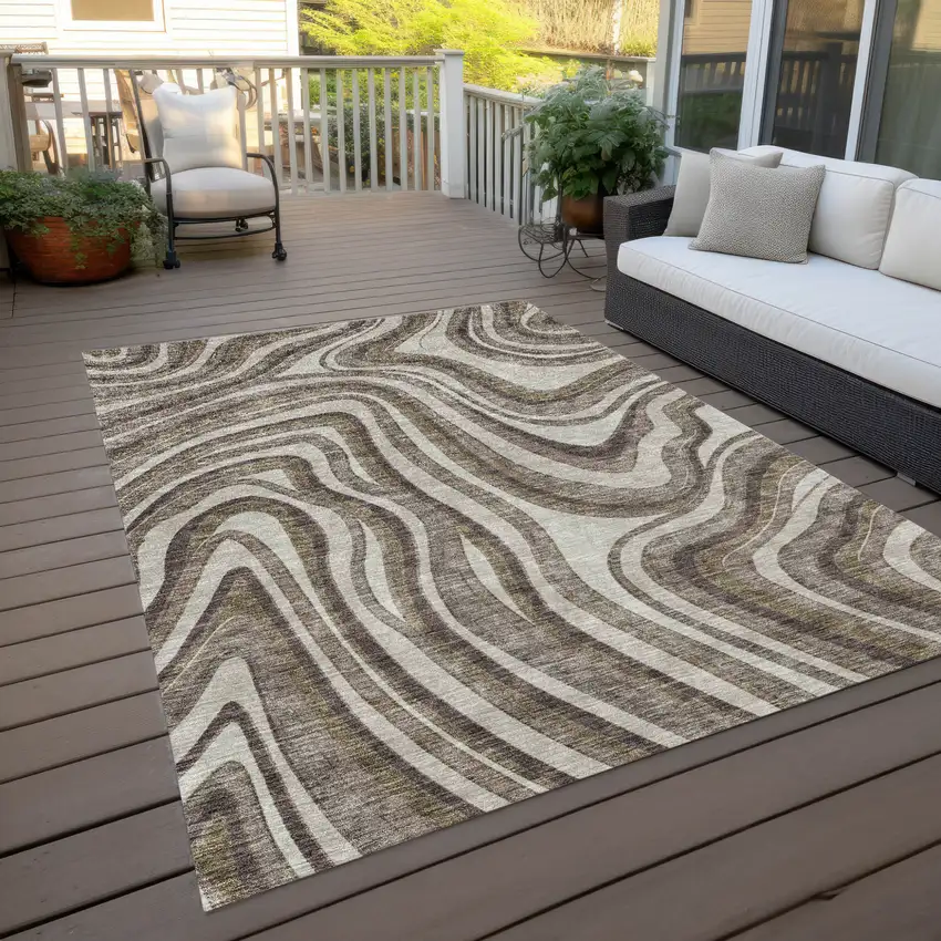 Brown Ivory And Taupe Abstract Washable Indoor Outdoor Area Rug Photo 9