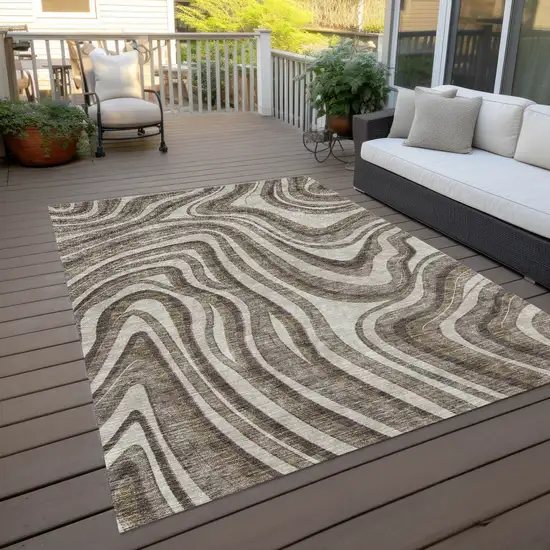 Brown Ivory And Taupe Abstract Washable Indoor Outdoor Area Rug Photo 9