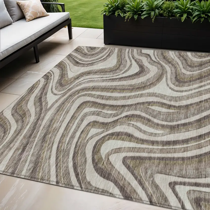 Brown Ivory And Taupe Abstract Washable Indoor Outdoor Area Rug Photo 1